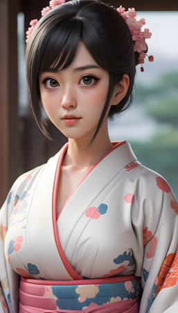 Portrait of japanese geisha girl in kimonoの素材