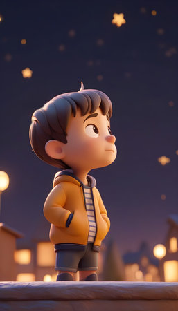 Cute little boy in the city at night with stars in the skyの素材