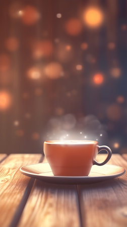 Cup of coffee on wooden table with bokeh background.の素材