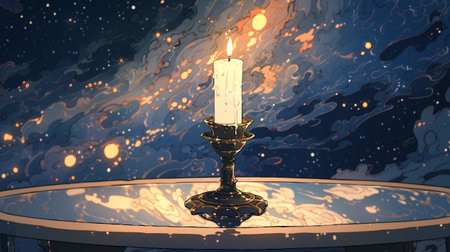 Candle in a candlestick on the background of the night skyの素材