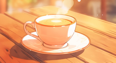 Cup of coffee on the wooden table. 3d illustration.の素材