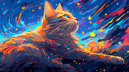 Vector illustration of a cat on the background of a starry sky.の素材