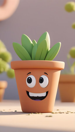 Cute plant pot with smiling face on blurred background, 3d renderの素材