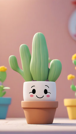 Cute cactus in a pot on the background of the wallの素材