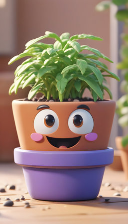 Plant pot with smiling face on wooden table indoors, closeupの素材