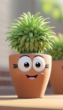 Cactus in a pot with smiley face. 3d renderingの素材