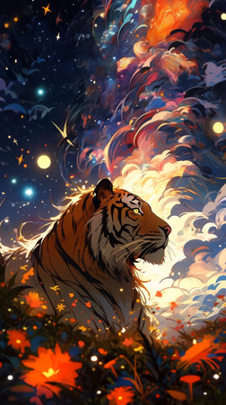 Digital painting of a tiger in the forest on the background of the night skyの素材