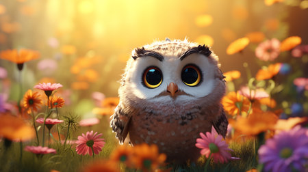 Owl in the meadow with flowers. 3d illustration.の素材