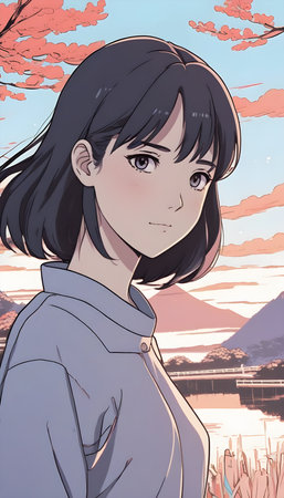 Illustration of a pretty young woman in a hoodie looking at the cameraの素材