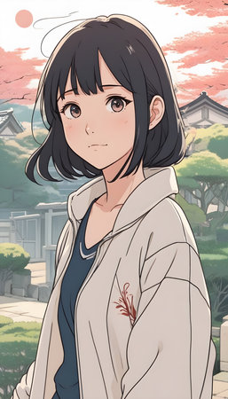 A girl in a coat on a background of an old town.の素材