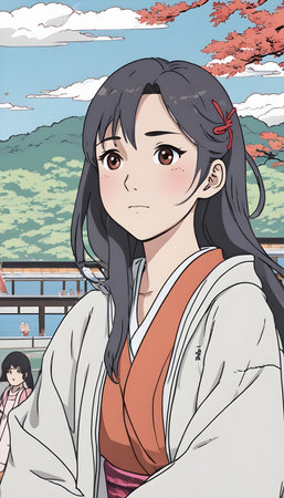 Illustration of a japanese girl in a kimonoの素材