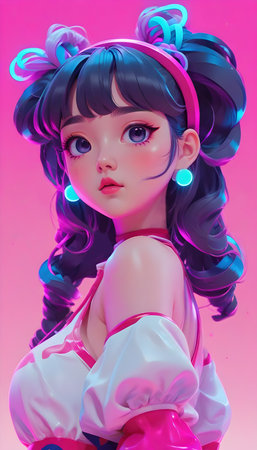 3D Illustration of a Japanese anime girl with a pink backgroundの素材