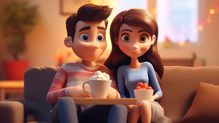 Cute little girl and boy sitting on sofa with cup of hot drinkの素材