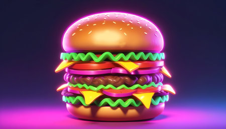 Hamburger with colorful neon lights, 3d rendering. Computer digital drawing.の素材