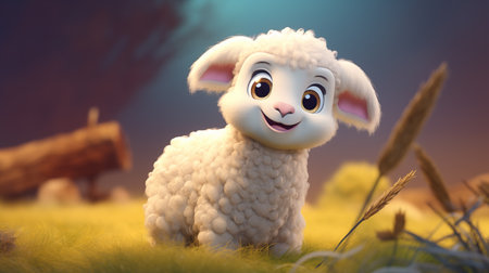 Sheep on the meadow at sunset. 3D illustration.の素材