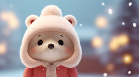 Cute teddy bear with winter background. 3d rendering.の素材