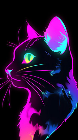 Illustration of a cat on a black background in neon light.の素材