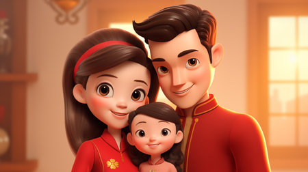 Happy Chinese New Year. Happy family in traditional costume. 3D rendering.の素材