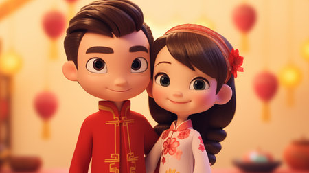 Cute couple in chinese new year celebration. 3d renderingの素材