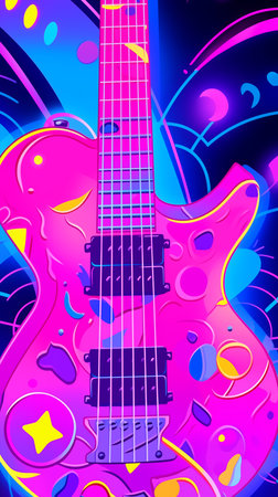 Cartoon neon style guitar surrounded by musical notes illustration materialの素材