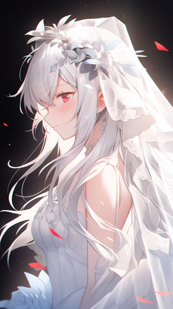 Cartoon neon style illustration of girl wearing beautiful wedding dressの素材