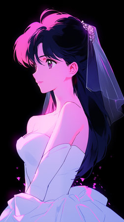 Cartoon neon style illustration of girl wearing beautiful wedding dressの素材