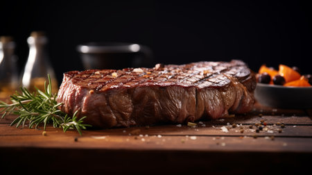 Grilled beef steak with rosemary and spices on a wooden tableの素材