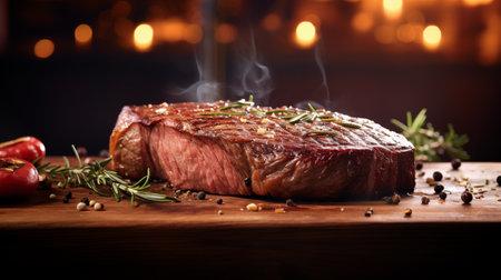 Grilled steak with rosemary and spices on wooden board on dark backgroundの素材