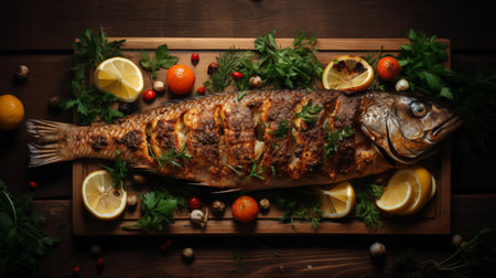 Grilled carp with lemon, parsley and vegetables on a wooden boardの素材