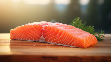 Raw salmon fish fillet with dill on wooden cutting board.の素材