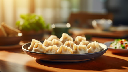 Plate with tasty dumplings on table in cafe, closeupの素材