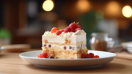Plate with delicious cake on wooden table in cafe, closeupの素材