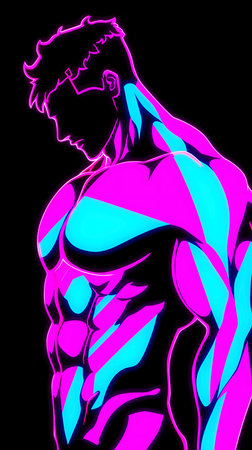 Muscular man in a blue and pink neon light on a black backgroundの素材