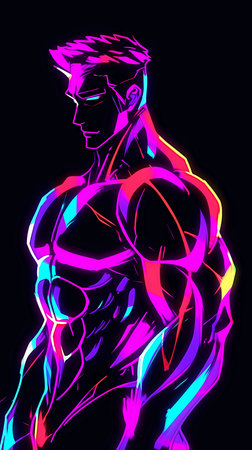 A digital illustration of a male bodybuilder in a neon glow.の素材