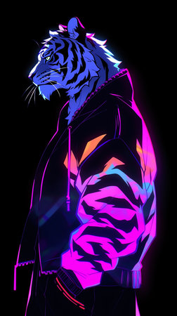 Tiger in leather jacket with neon light on a black background.の素材