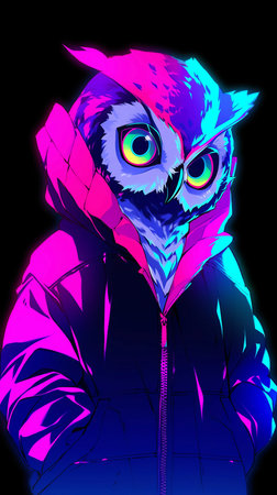 Vector illustration of an owl in a winter jacket on a black backgroundの素材