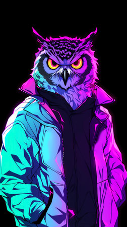 Owl in a jacket on a black background. Vector illustration.の素材