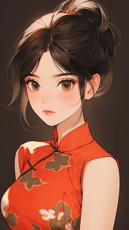 Beautiful Asian girl in a red cheongsam. Vector illustration.の素材