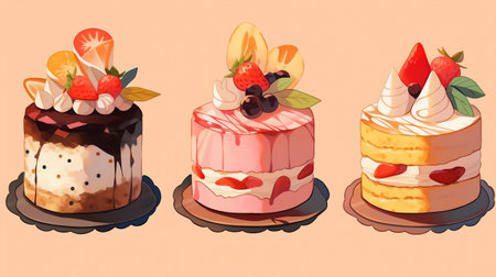 Illustration of a set of different cakes on a beige backgroundの素材