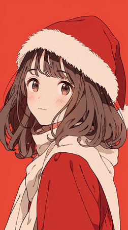 A girl in a red dress and a Santa Claus hat on a red backgroundの素材