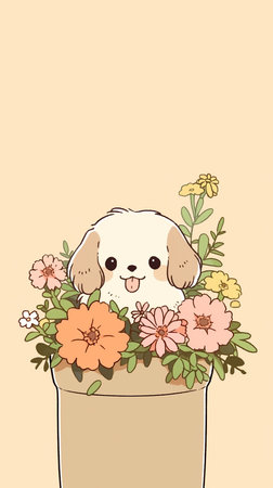 Illustration of a cute dog with flowers in a flower pot.の素材