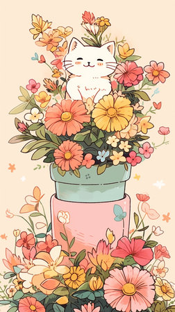 Hand drawn vector illustration of a cute cat with flowers in a potの素材