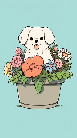 Illustration of a cute puppy with flowers in a flowerpot.の素材