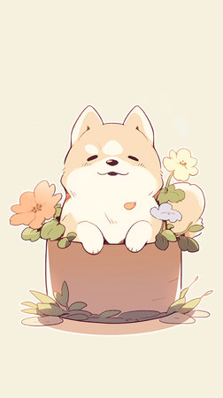 Cute cartoon shiba inu dog in a box with flowersの素材