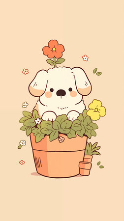 Illustration of a Cute Puppy Dog in a Flowerpotの素材