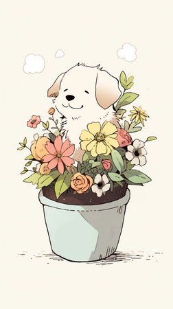Cute cartoon dog with flowers in pot. Hand drawn vector illustration.の素材
