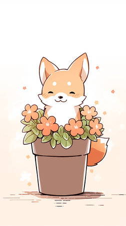 Cute fox in flower pot. Vector illustration for your design.の素材