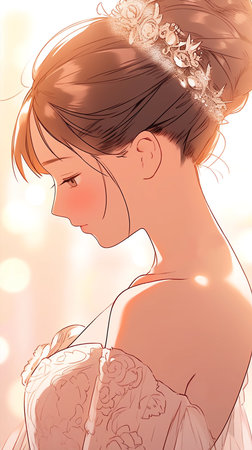 Illustration of a beautiful bride in a white wedding dress and a tiaraの素材