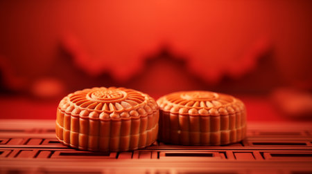 Moon cakes for Chinese mid-autumn festival on red background.の素材