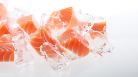 fresh salmon fillet in ice cubes on white background, closeupの素材